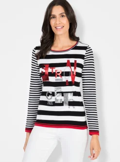 Pullover| Streifenpullover mit Schriftzug schwarz-weiß-gestreift