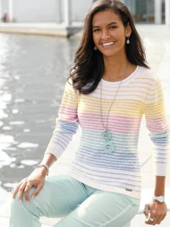 Pullover| Streifenpullover mit Strickmustern mint-rosé-gestreift