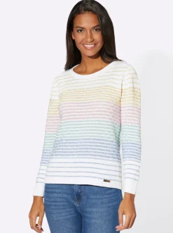 Pullover| Streifenpullover mit Strickmustern mint-rosé-gestreift