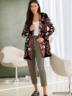Strickjacken|heine Strickjacke schwarz-papaya-gemustert