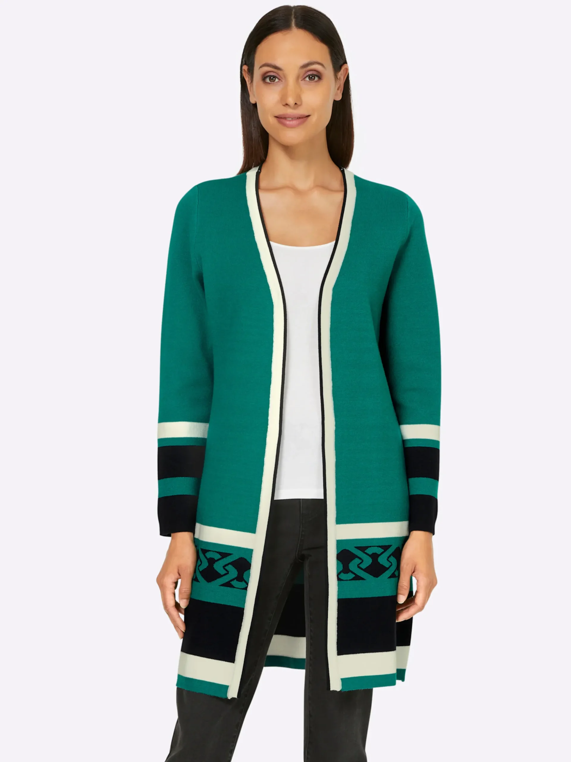 Strickjacken|heine Strickjacke schwarz-smaragd-gemustert