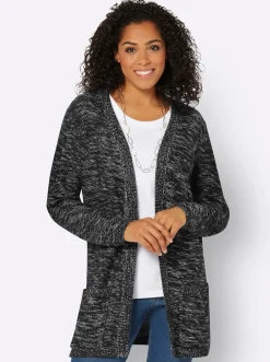 Strickjacken| Strickjacke in Longform, meliert schwarz-meliert