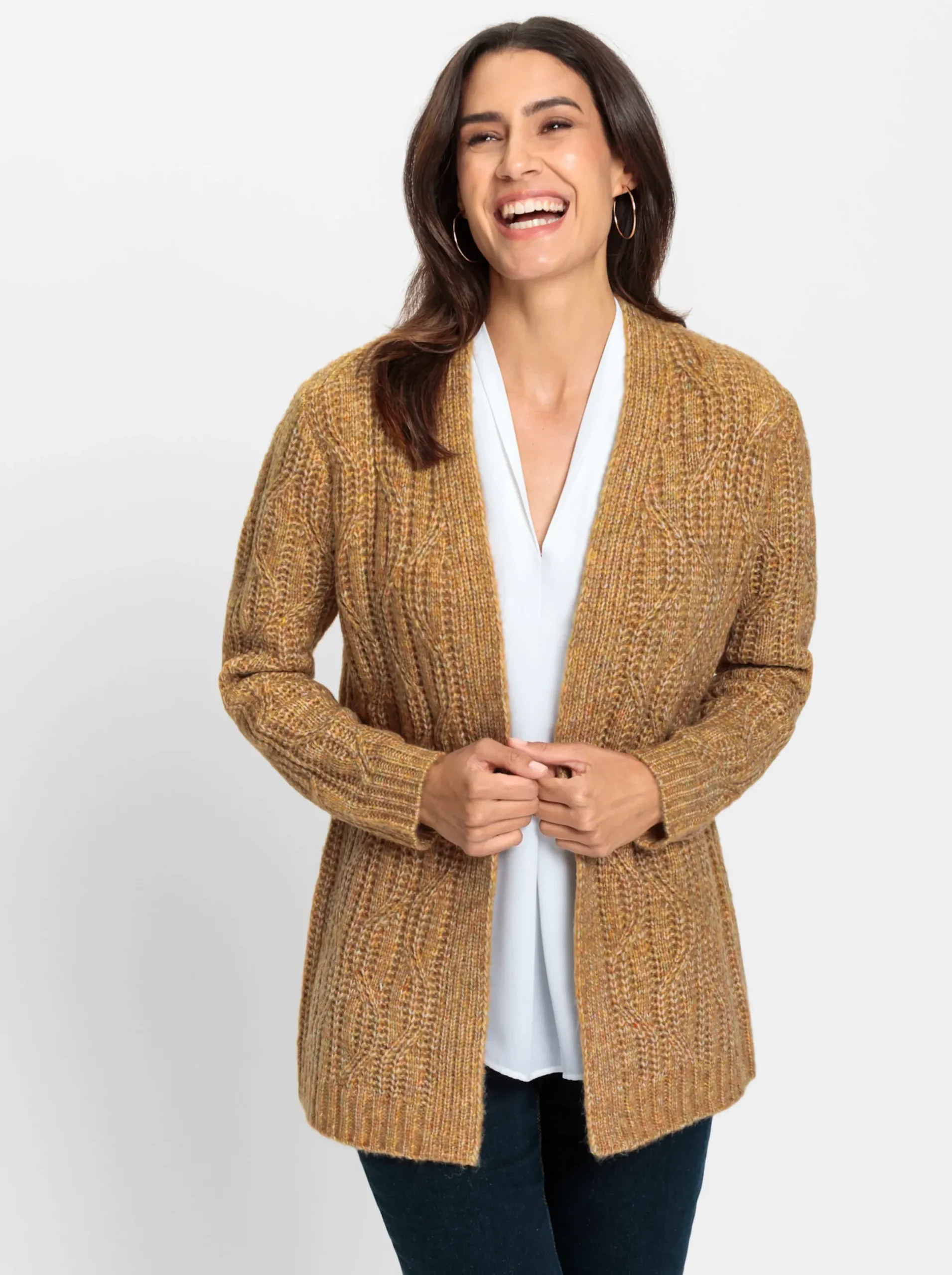 Strickjacken| Strickjacke in offener Longform ocker-meliert