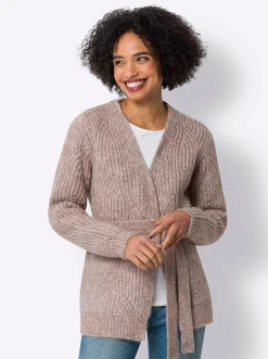 Strickjacken|heine Strickjacke mit Bindegürtel champagner-cognac-meliert