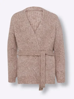 Strickjacken|heine Strickjacke mit Bindegürtel champagner-cognac-meliert