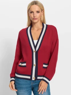 Strickjacken|heine Strickjacke mit Color-Blocking rot-marine-gemustert