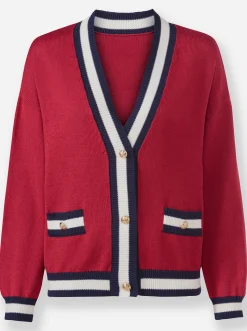 Strickjacken|heine Strickjacke mit Color-Blocking rot-marine-gemustert