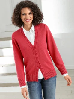 Strickjacken| Strickjacke mit farblich abgestimmten Knöpfen korallenrot