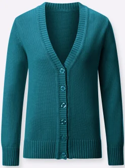 Strickjacken| Strickjacke mit farblich abgestimmten Knöpfen petrol