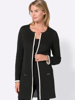 Strickjacken| Strickjacke mit fixiertem Ärmelaufschlag schwarz-ecru