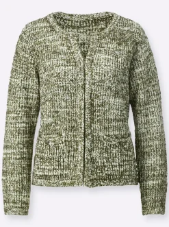 Strickjacken| Strickjacke mit Hakenverschluss ecru-khaki-gemustert