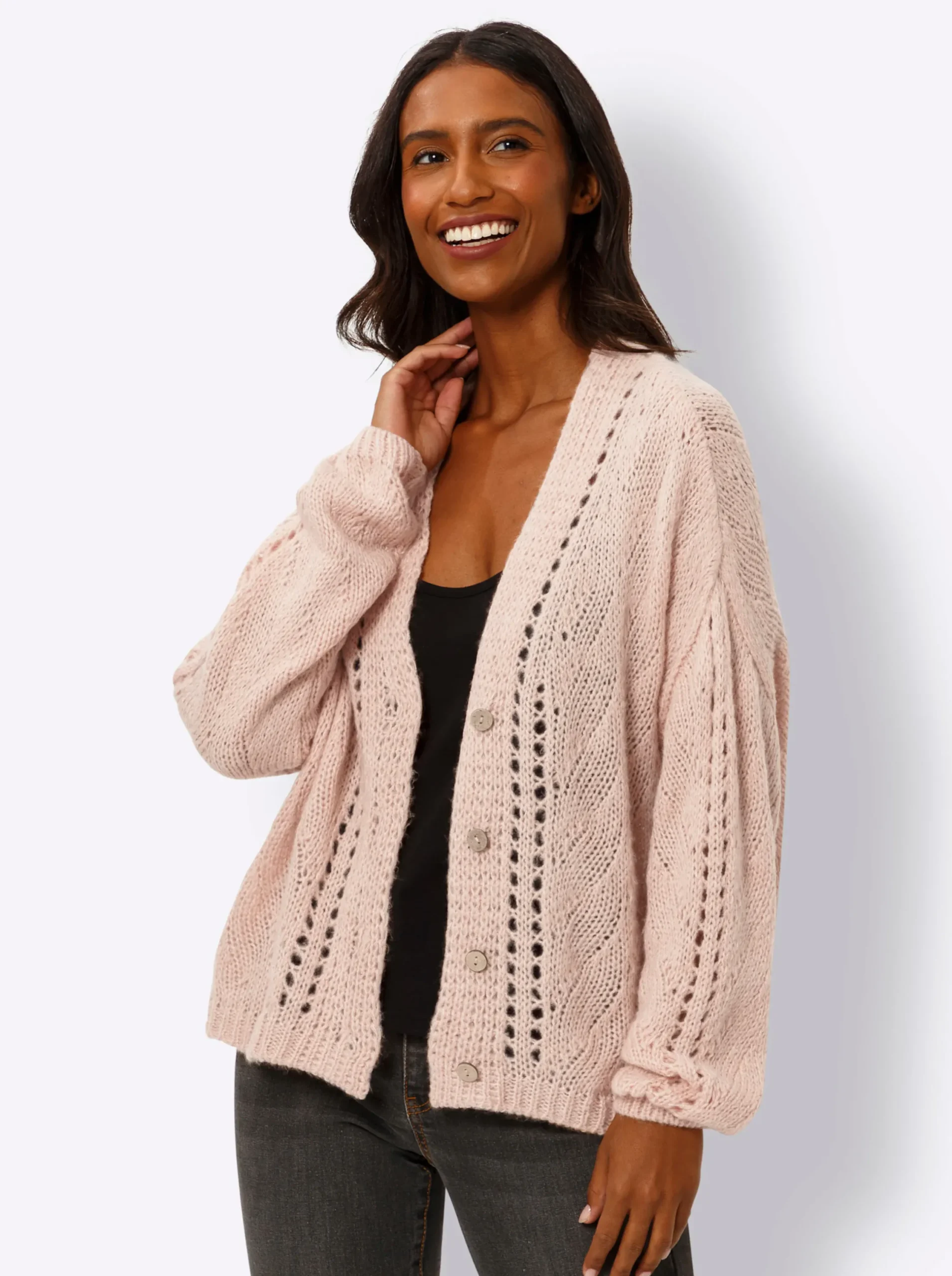 Strickjacken|heine Strickjacke mit Holz-Optik-Knöpfen puder