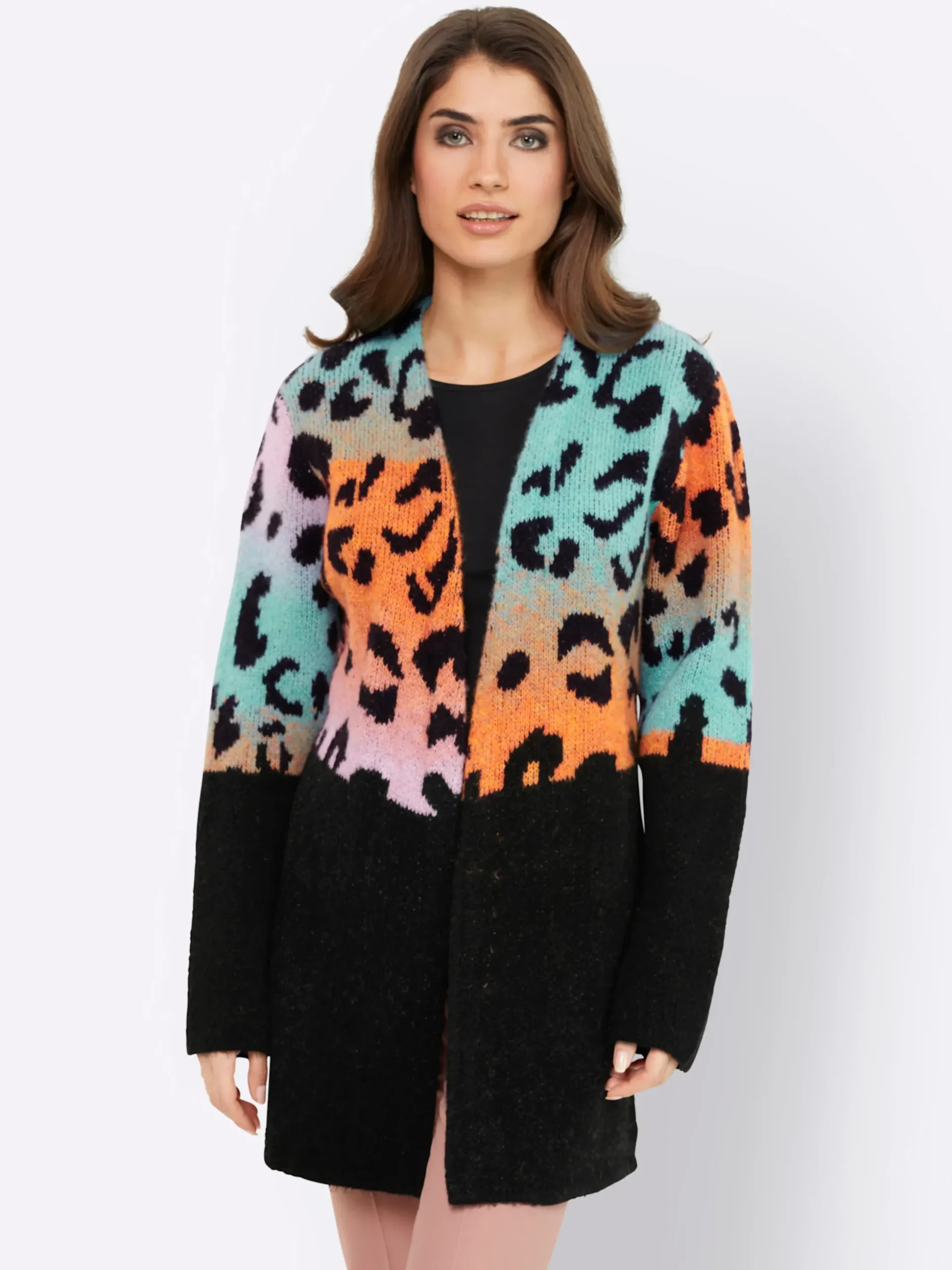Strickjacken|heine Strickjacke mit Leomuster im Farbverlauf sesam-mandarine-gemustert