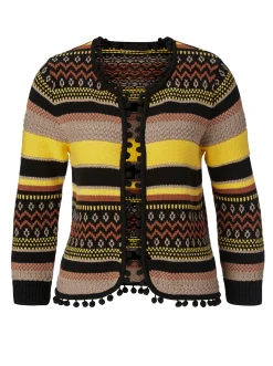 Strickjacken| Strickjacke mit Pompom-Borte bunt-gemustert