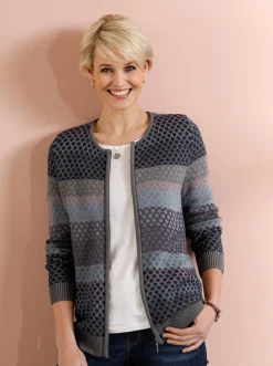 Strickjacken| Strickjacke mit Reißverschluss, Jacquard grau-gemustert