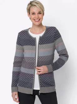 Strickjacken| Strickjacke mit Reißverschluss, Jacquard grau-gemustert