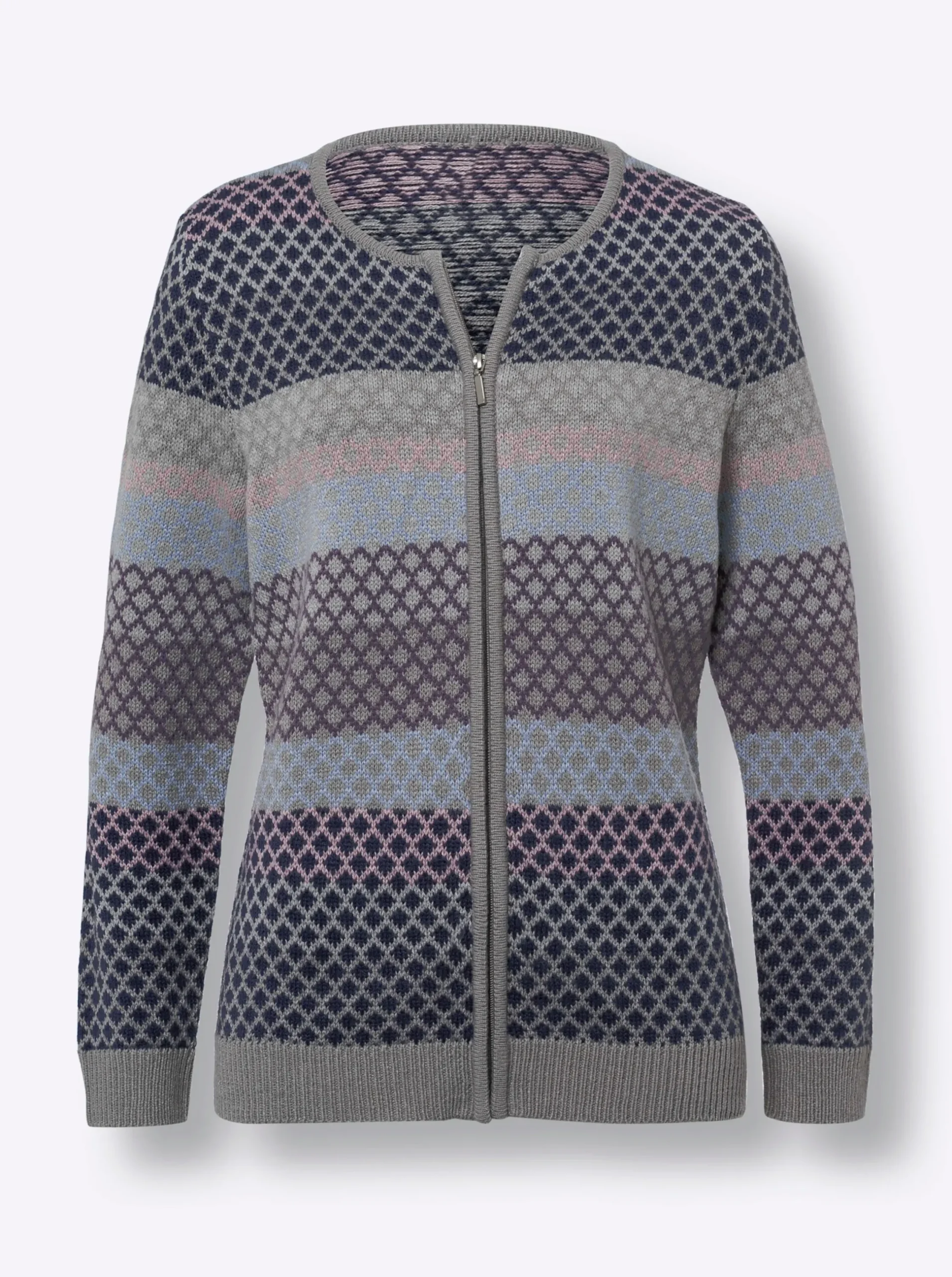 Strickjacken| Strickjacke mit Reißverschluss, Jacquard grau-gemustert