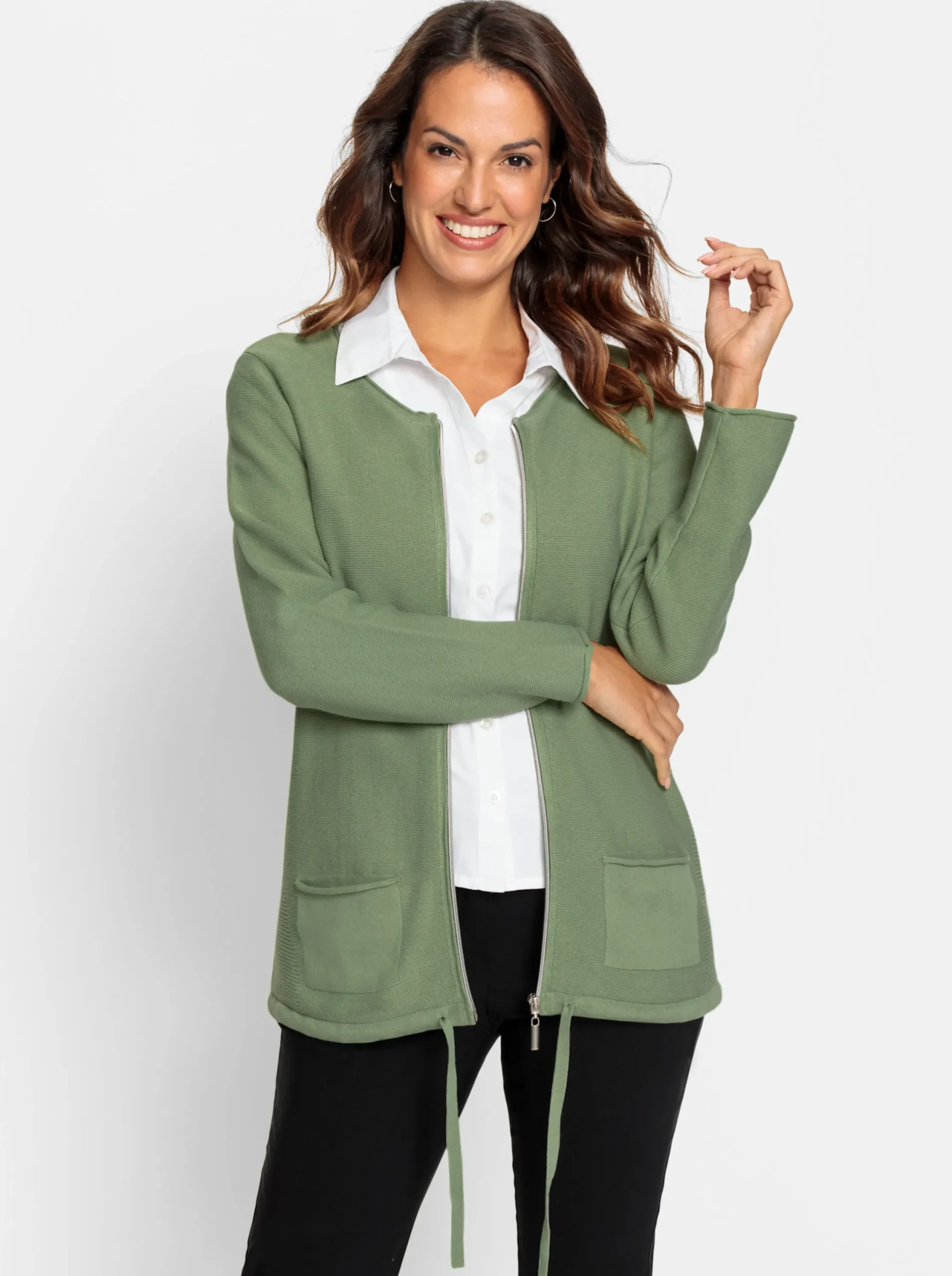 Strickjacken| Strickjacke mit Tunnelzug am Saum eucalyptus