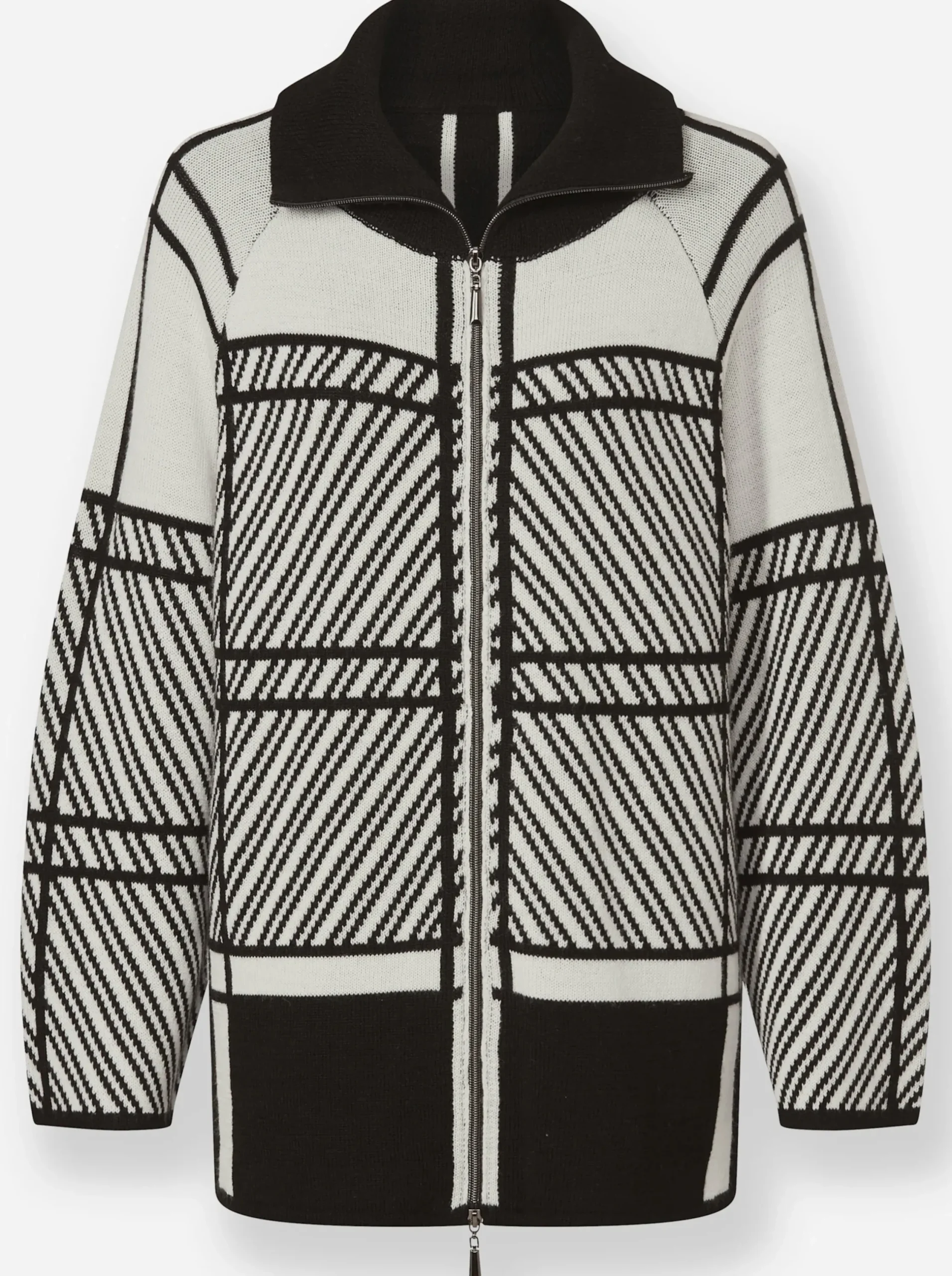 Strickjacken|heine Strickjacke mit 2-Wege-Reißverschluss schwarz-ecru-gemustert