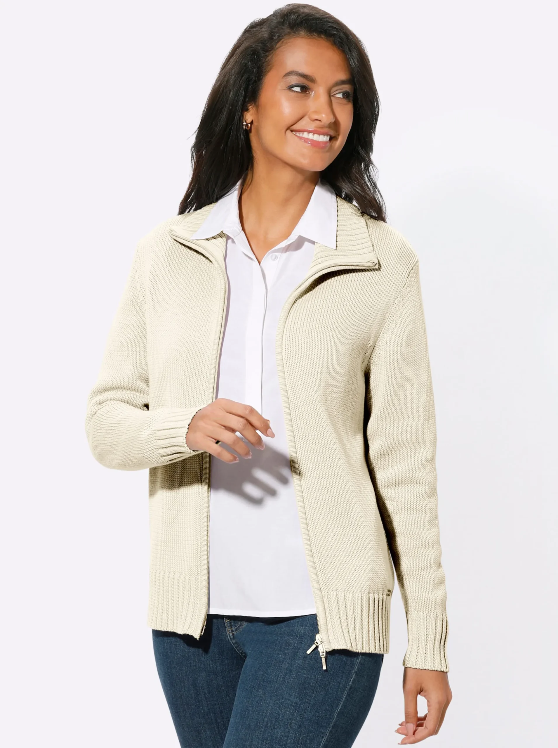 Strickjacken| Strickjacke mit 2-Wege-Reißverschluss wollweiß