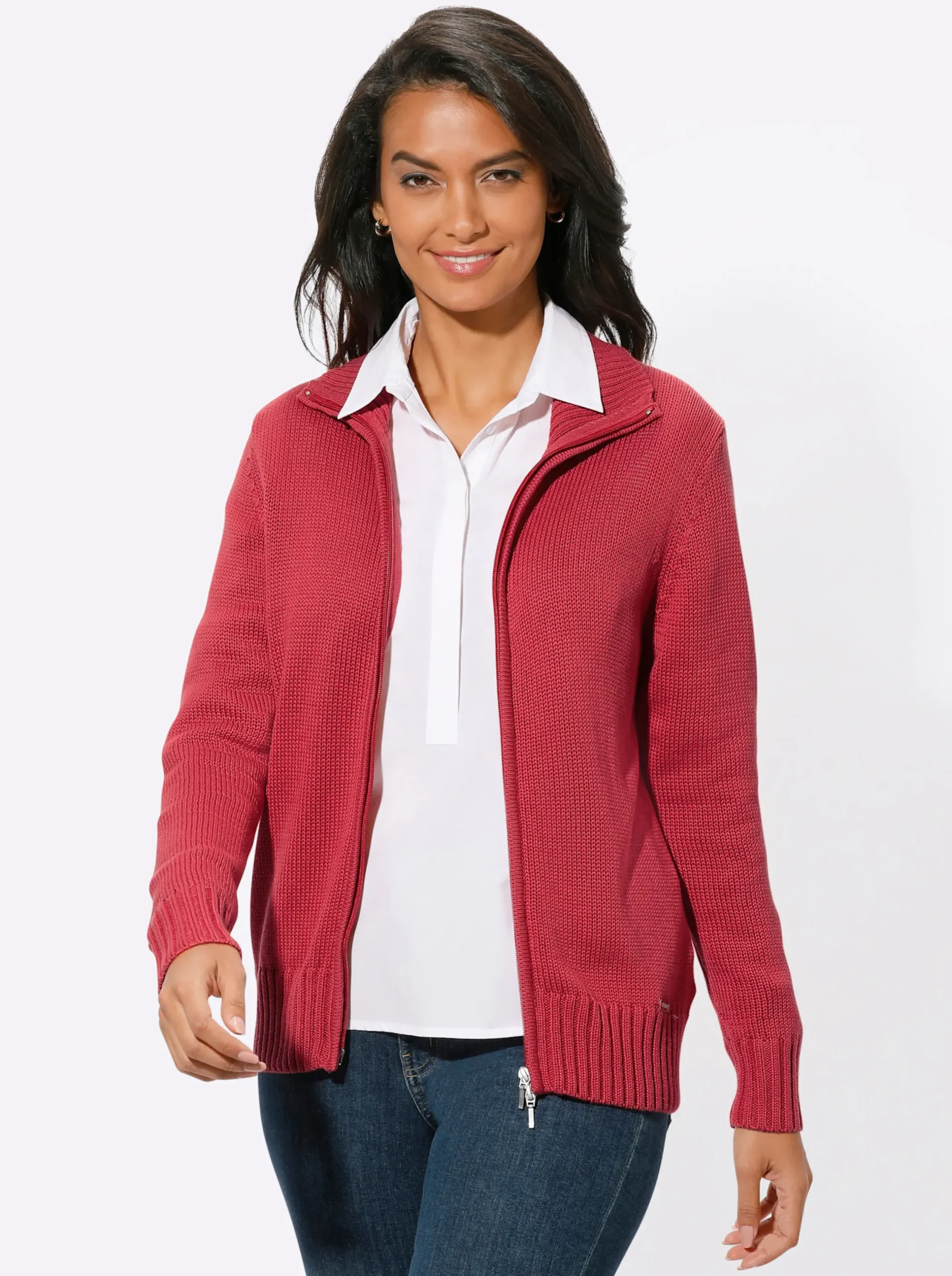 Strickjacken| Strickjacke mit 2-Wege-Reißverschluss korallenrot
