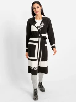 Strickjacken|heine Strickmantel schwarz-ecru-gemustert