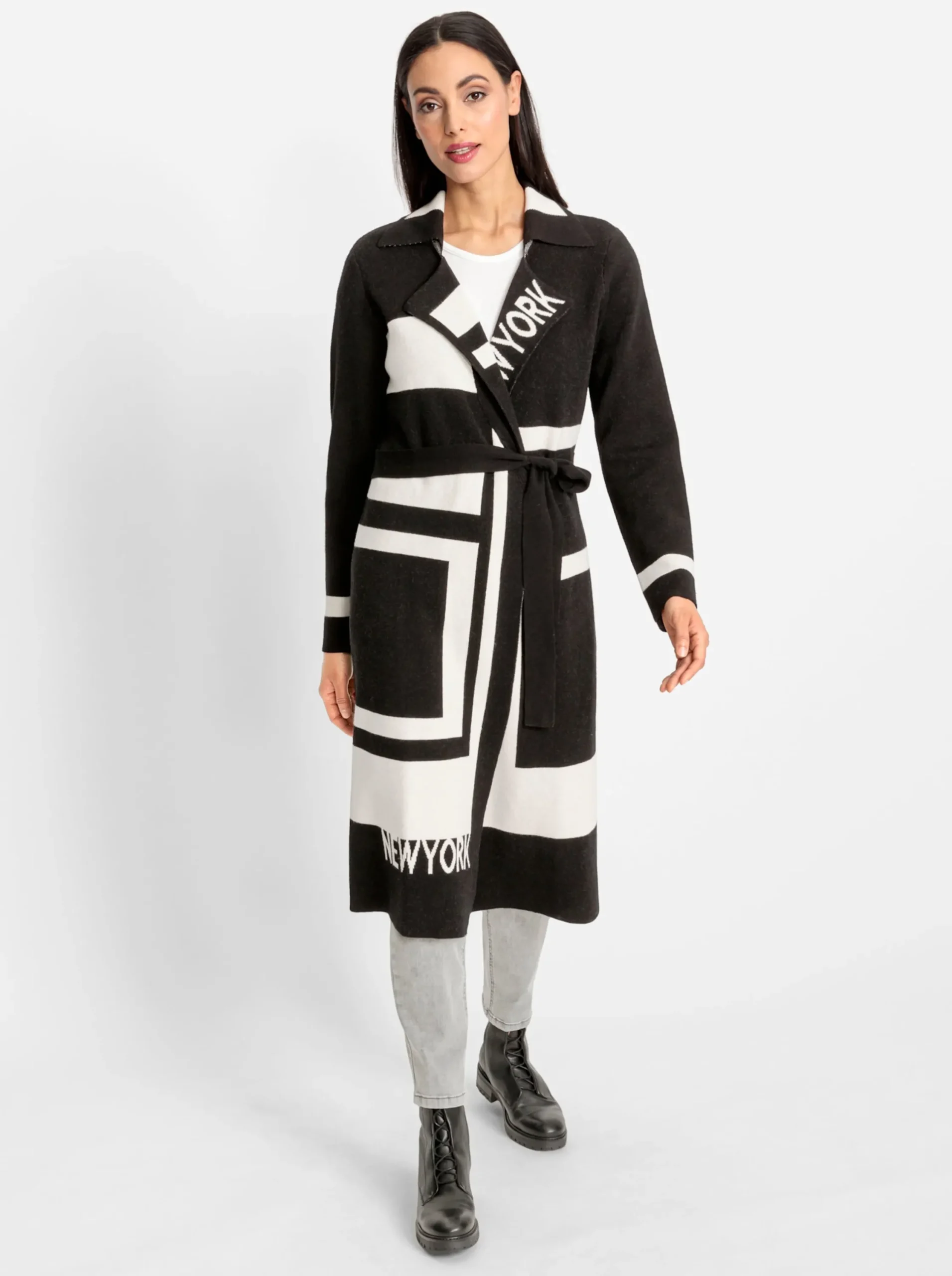 Strickjacken|heine Strickmantel schwarz-ecru-gemustert