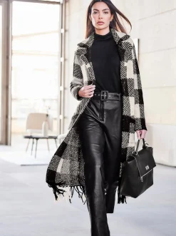 Strickjacken|heine Strickmantel schwarz-ecru-kariert