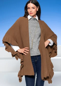 Jacken|Strickjacken|heine Strickponcho mit Volants braun
