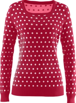 Pullover| Strickpullover im Tupfen-Dessin rot-weiß-getupft
