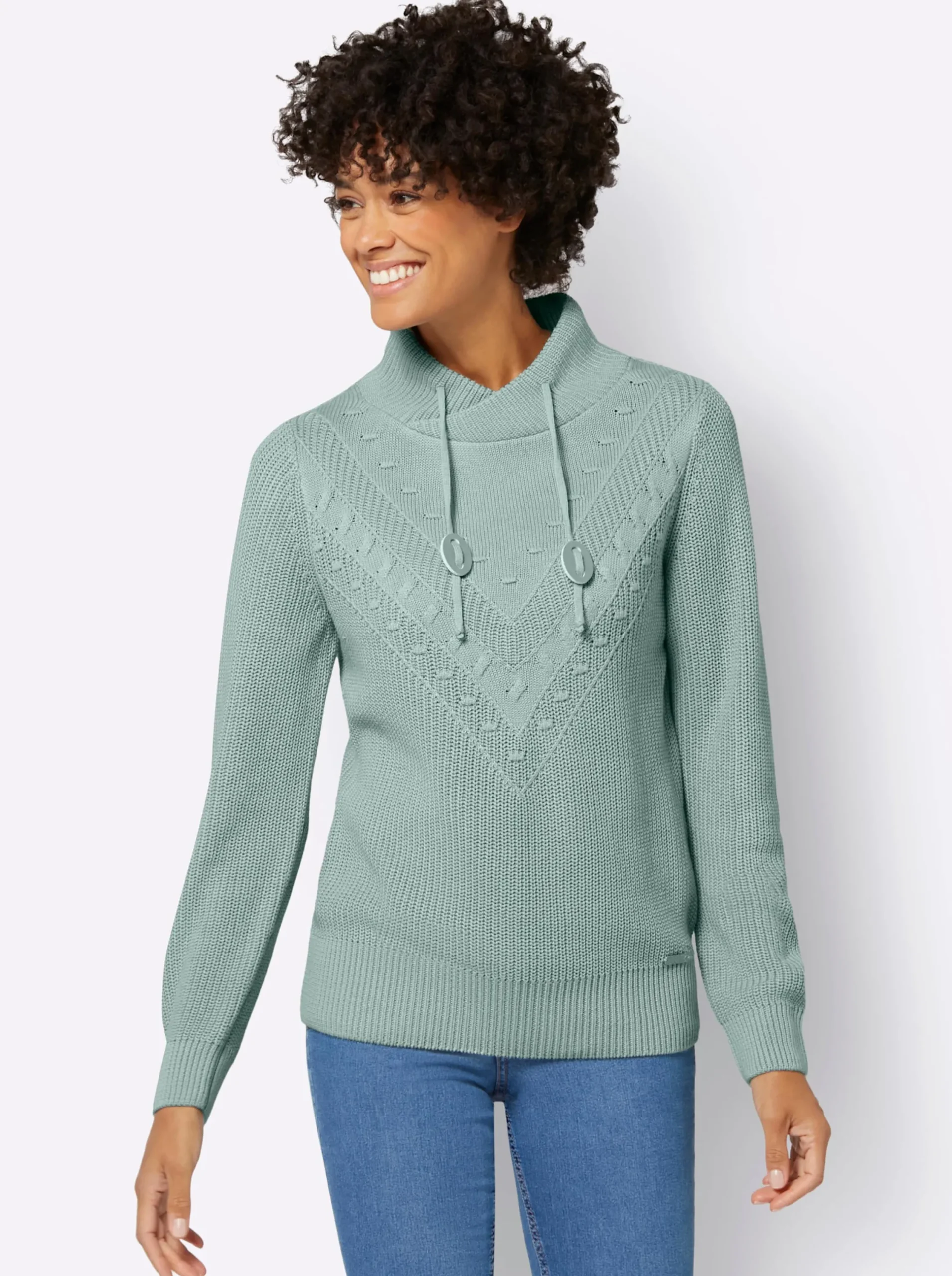Pullover| Strickpullover mit überlappendem Stehkragen kalkmint