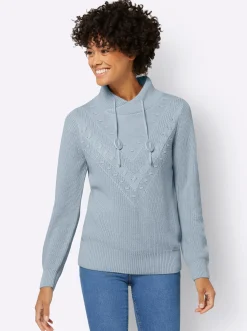 Pullover| Strickpullover mit überlappendem Stehkragen hellblau
