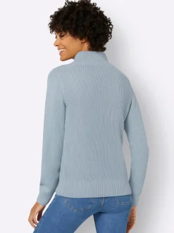 Pullover| Strickpullover mit überlappendem Stehkragen hellblau