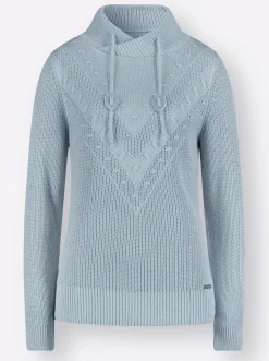 Pullover| Strickpullover mit überlappendem Stehkragen hellblau