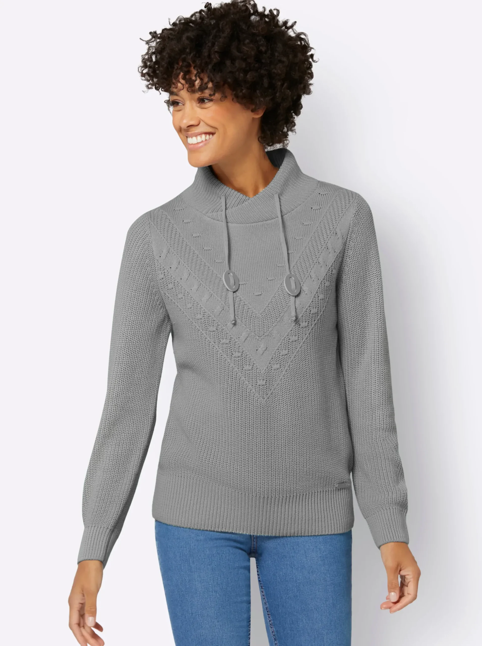 Pullover| Strickpullover mit überlappendem Stehkragen steingrau-ecru-meliert