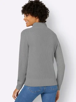 Pullover| Strickpullover mit überlappendem Stehkragen steingrau-ecru-meliert