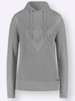 Pullover| Strickpullover mit überlappendem Stehkragen steingrau-ecru-meliert