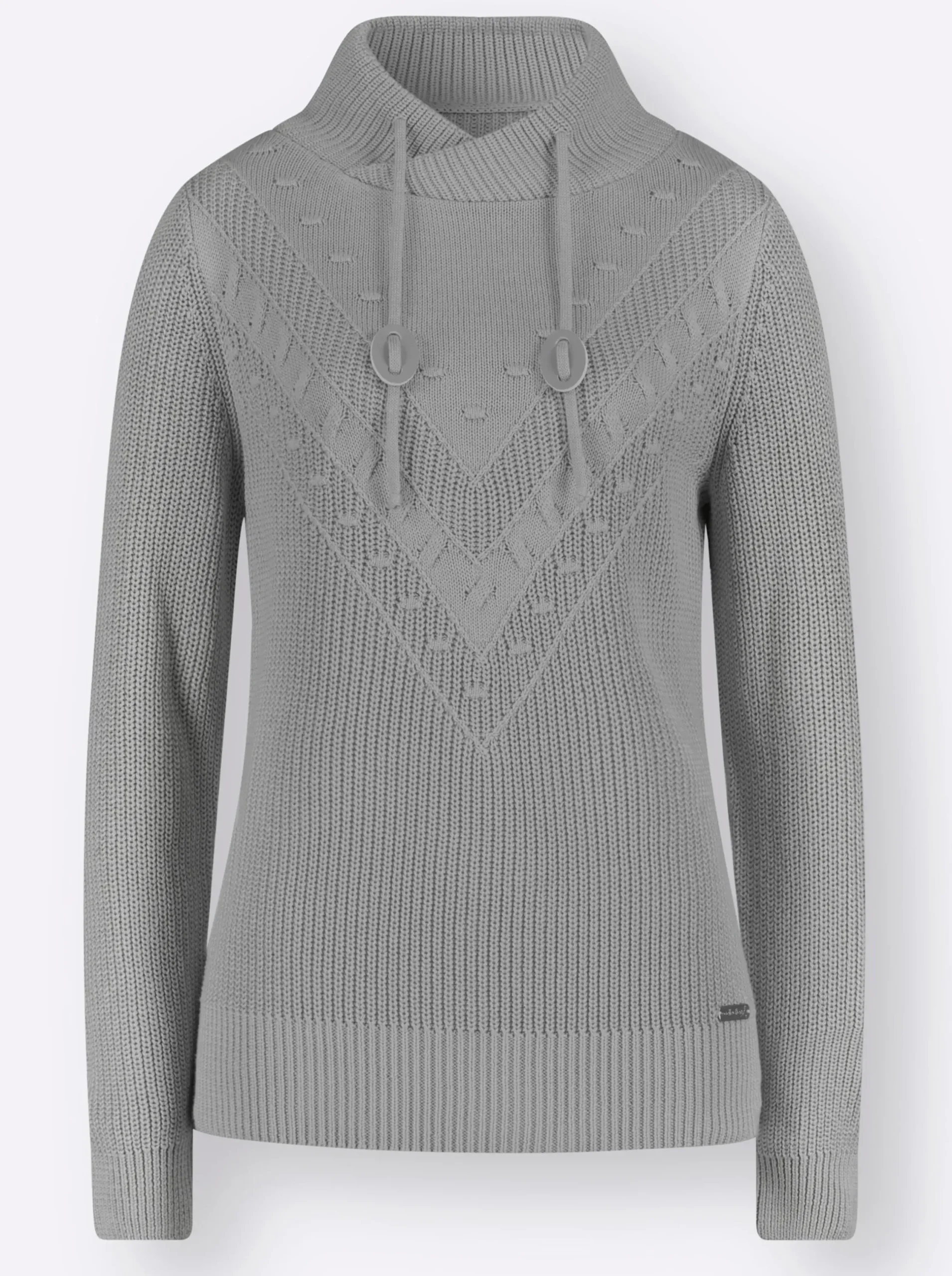 Pullover| Strickpullover mit überlappendem Stehkragen steingrau-ecru-meliert