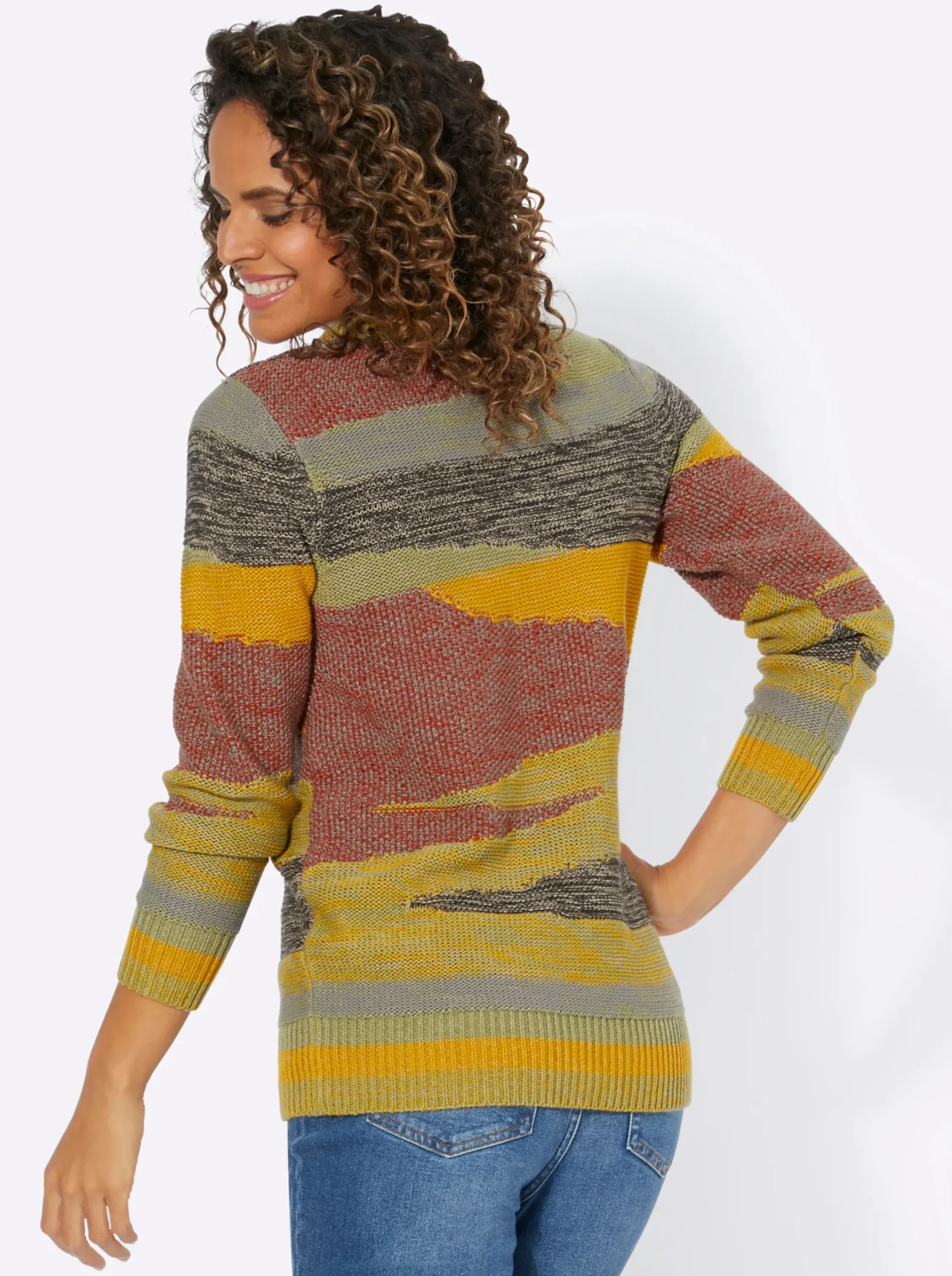 Pullover| Strickpullover mit farbigen Rippbündchen ocker-rostrot-gemustert