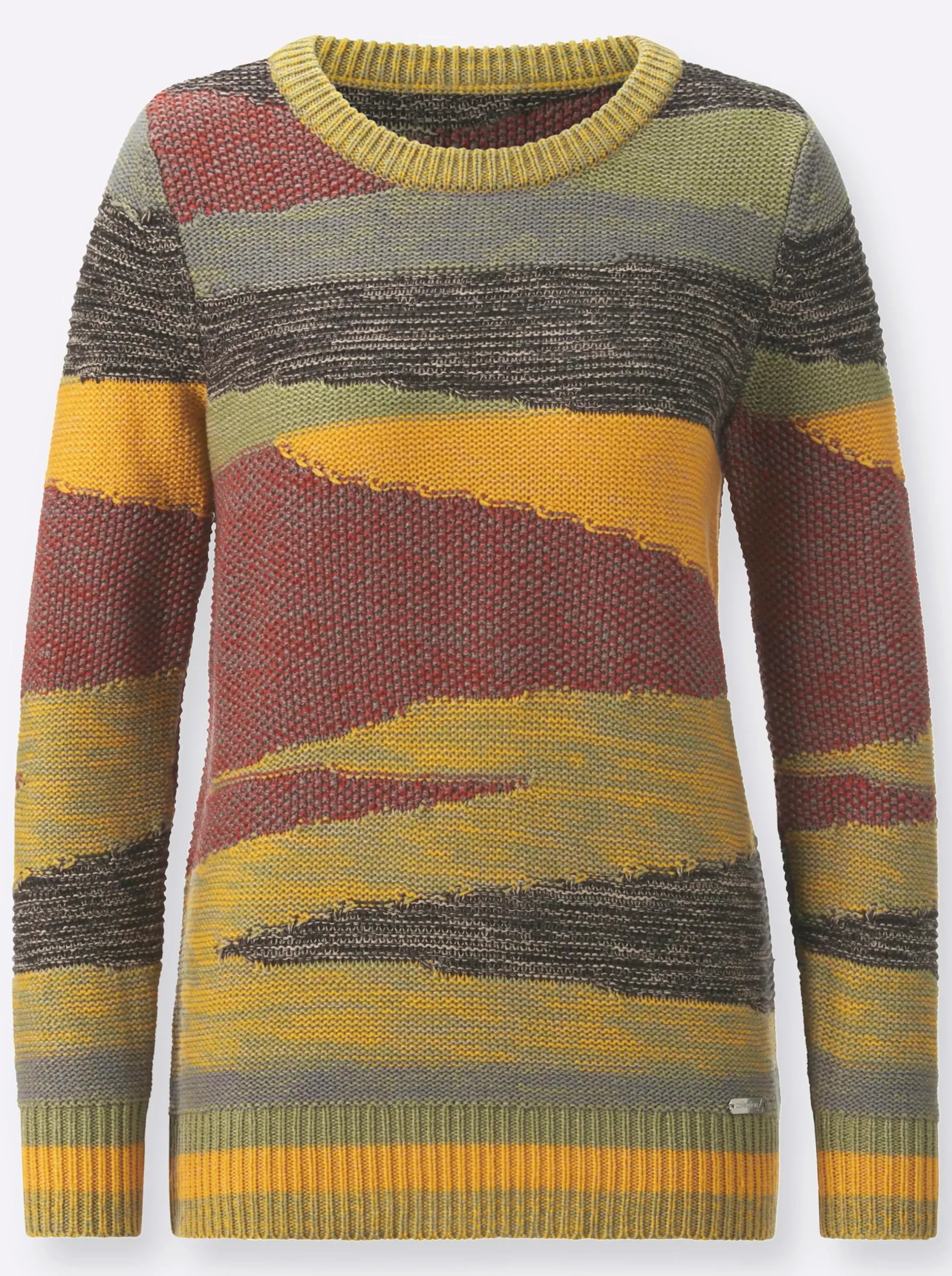 Pullover| Strickpullover mit farbigen Rippbündchen ocker-rostrot-gemustert