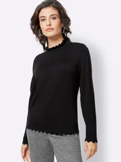Pullover| Strickpullover mit gerüschtem Stehkragen schwarz