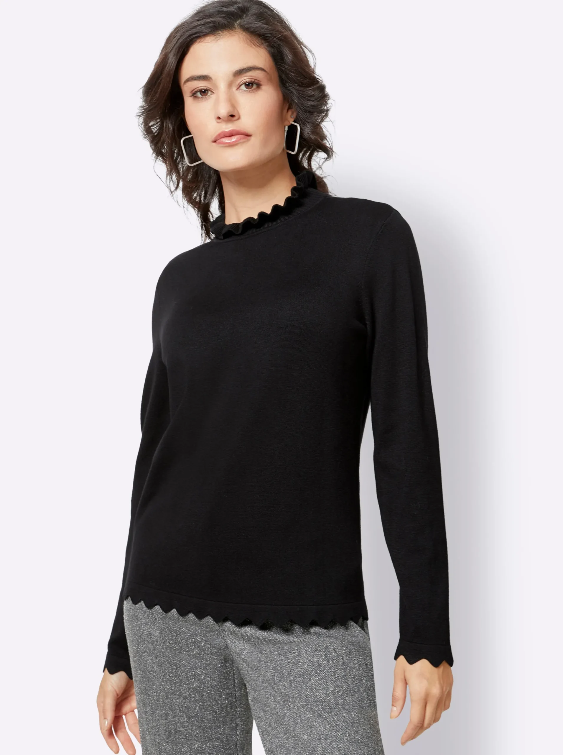 Pullover| Strickpullover mit gerüschtem Stehkragen schwarz