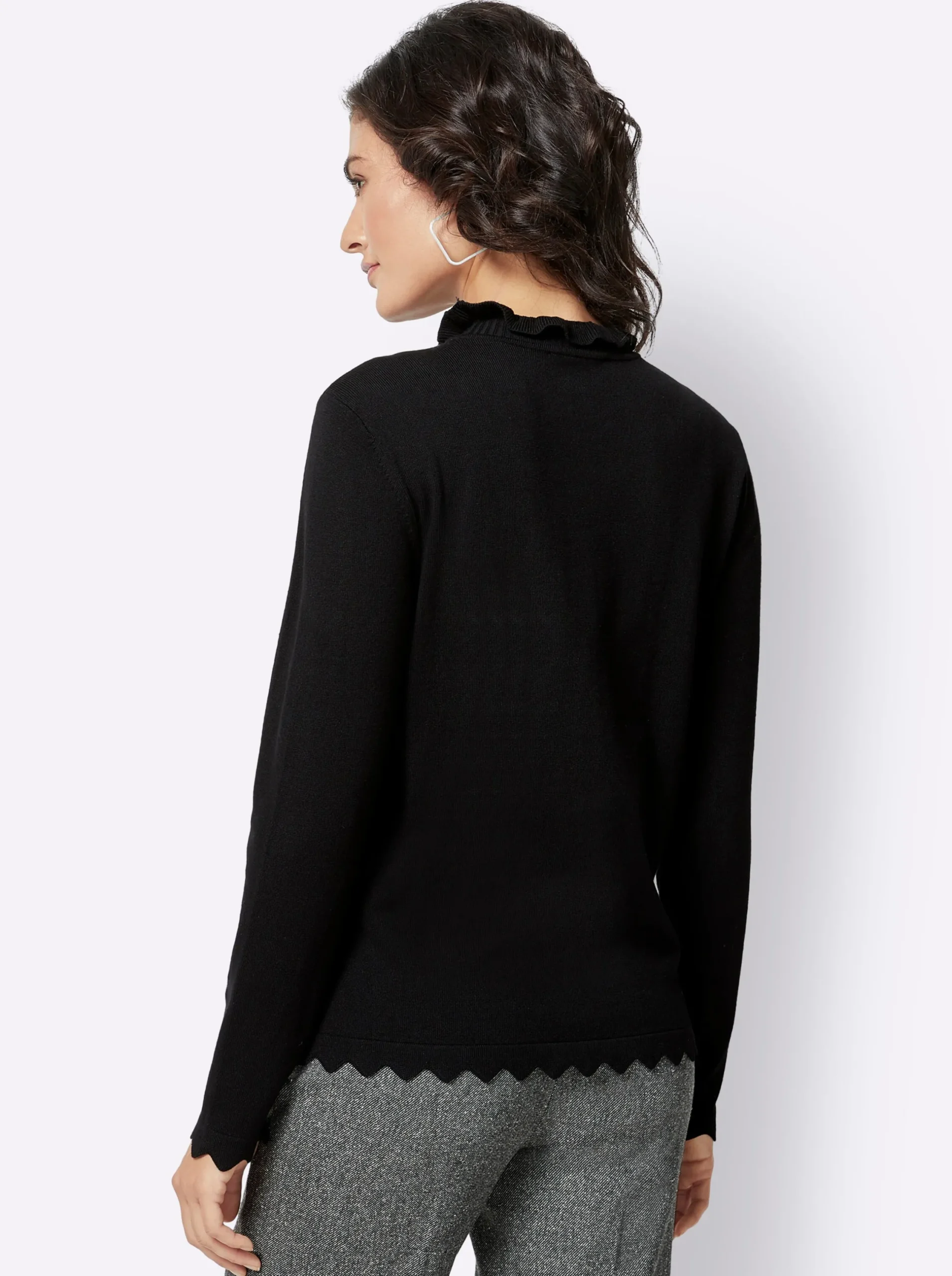 Pullover| Strickpullover mit gerüschtem Stehkragen schwarz