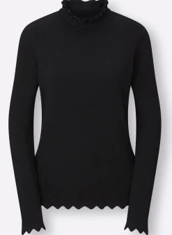 Pullover| Strickpullover mit gerüschtem Stehkragen schwarz