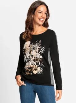 Pullover| Strickpullover mit Glitzersteinchen schwarz-sand-bedruckt