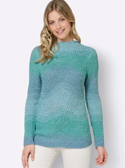 Pullover| Strickpullover mit Kelchkragen blaugrün-bleu-meliert