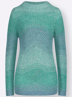 Pullover| Strickpullover mit Kelchkragen blaugrün-bleu-meliert