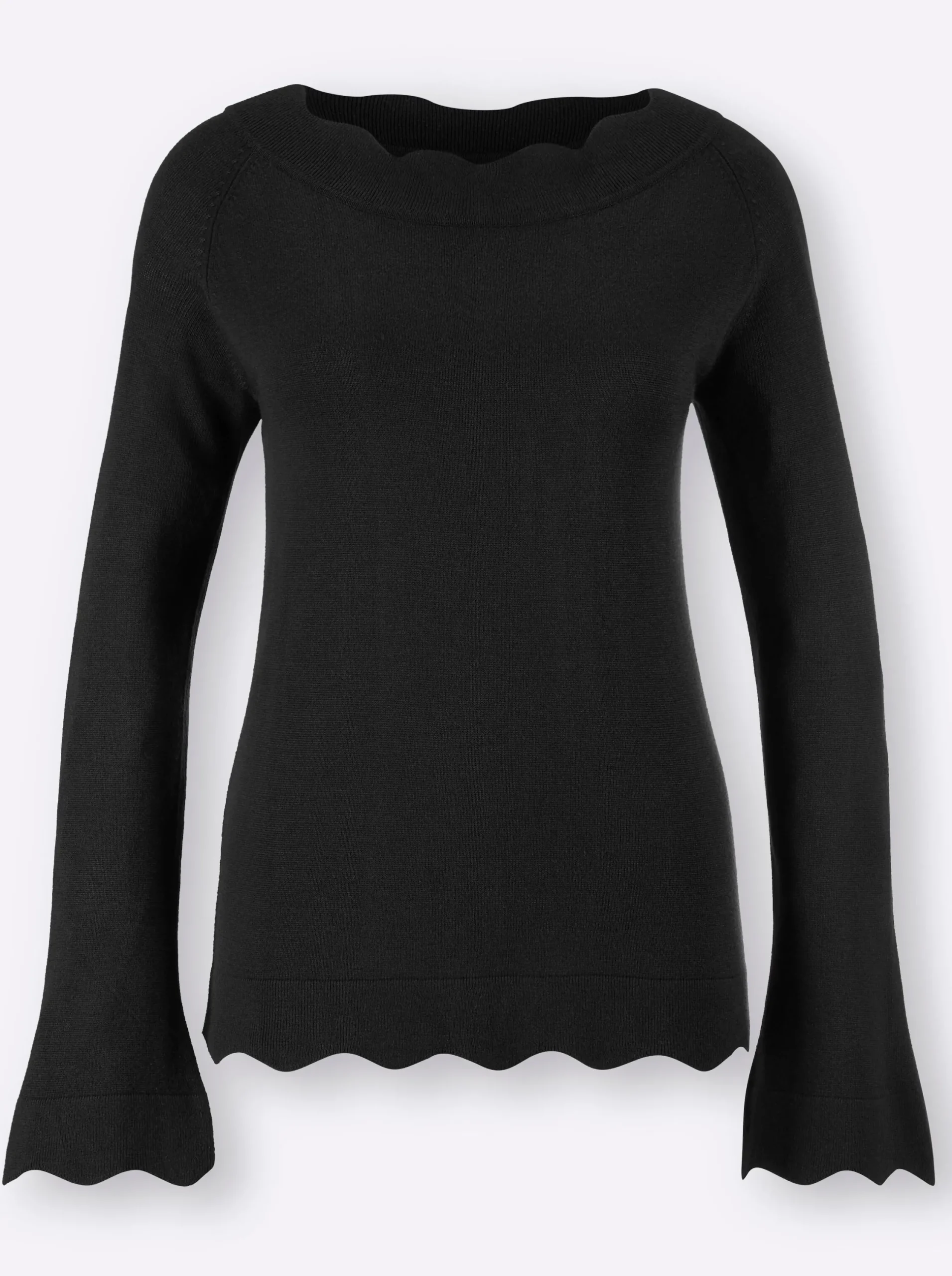 Pullover| Strickpullover mit Wellenkanten schwarz