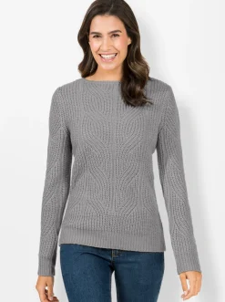 Pullover| Strickpullover mit Zopfmuster steingrau-meliert