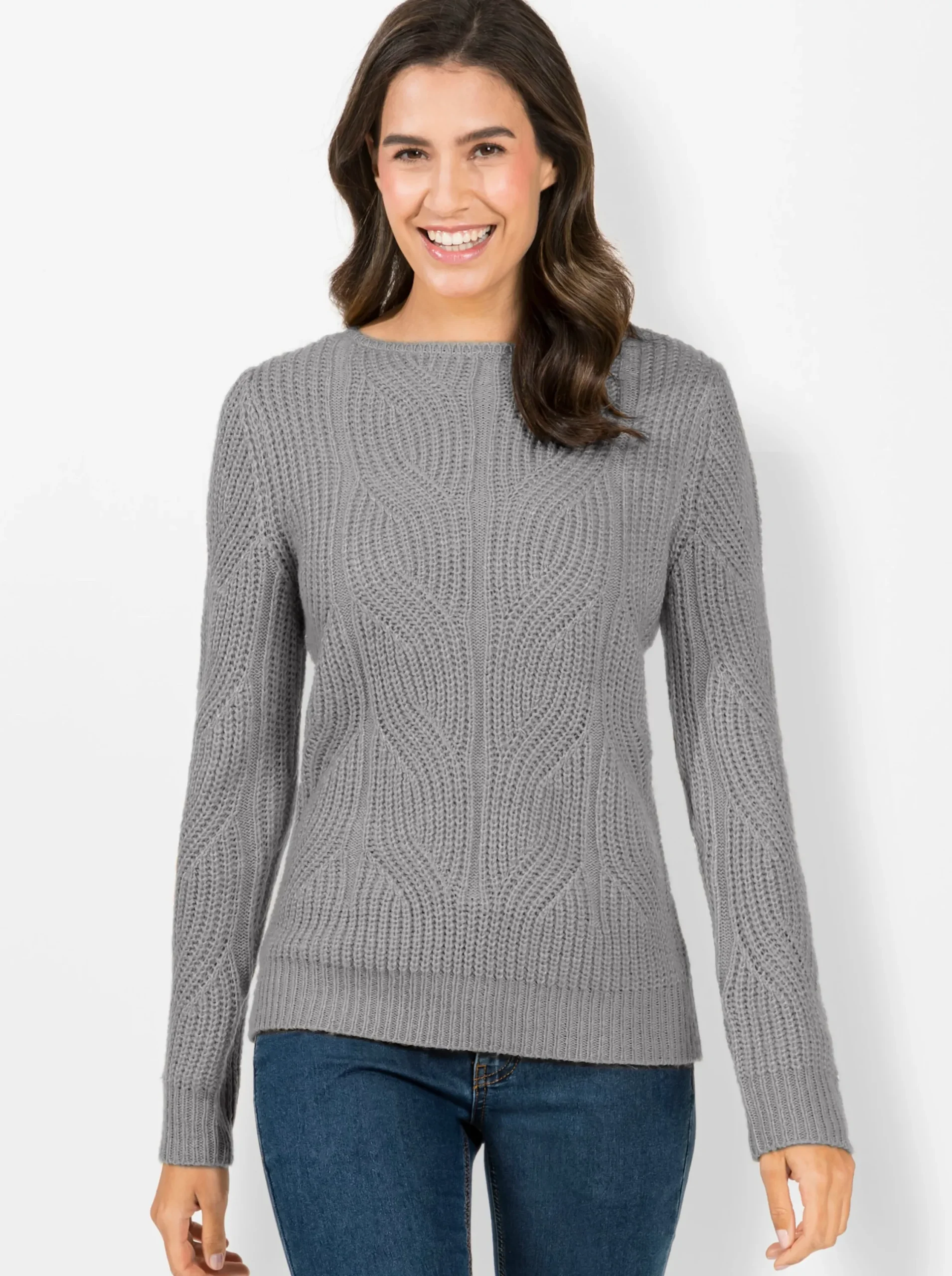 Pullover| Strickpullover mit Zopfmuster steingrau-meliert